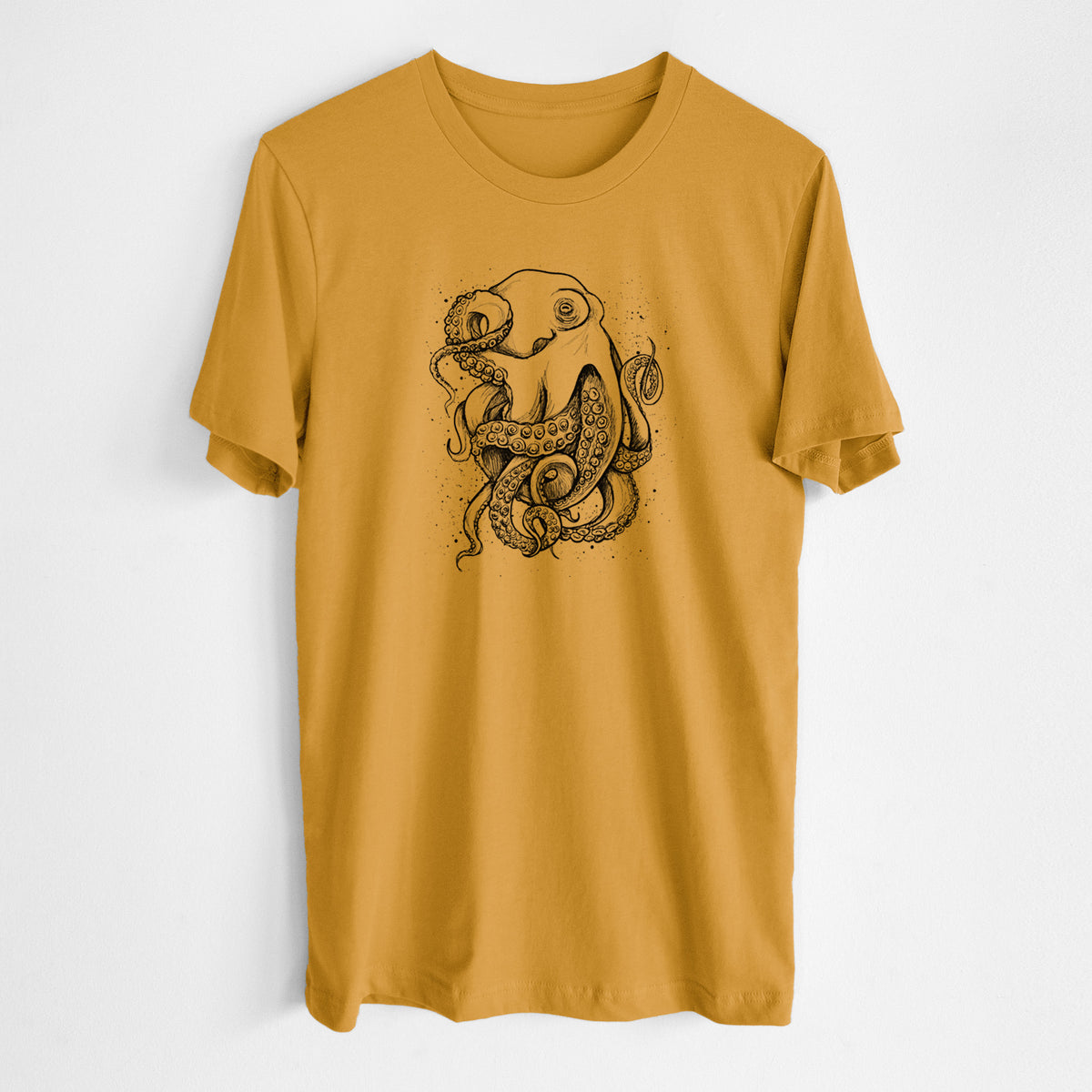 Honeycomb yellow lightweight cotton t-shirt laid flat, printed with a detailed black ink illustration of a common octopus with curling tentacles.