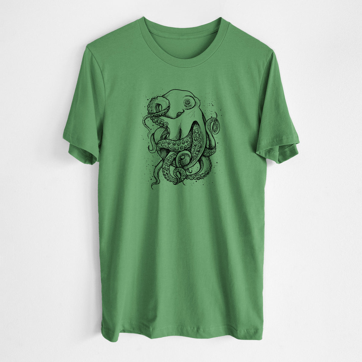 Leaf green lightweight cotton t-shirt laid flat, printed with a detailed black ink illustration of a common octopus with curling tentacles.