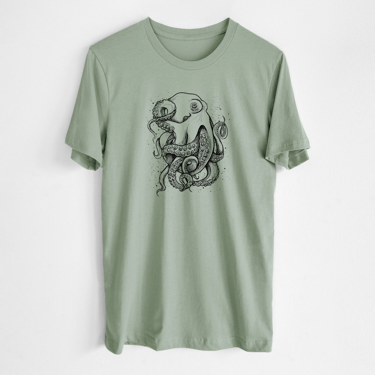 Sage green lightweight cotton t-shirt laid flat, printed with a detailed black ink illustration of a common octopus with curling tentacles.