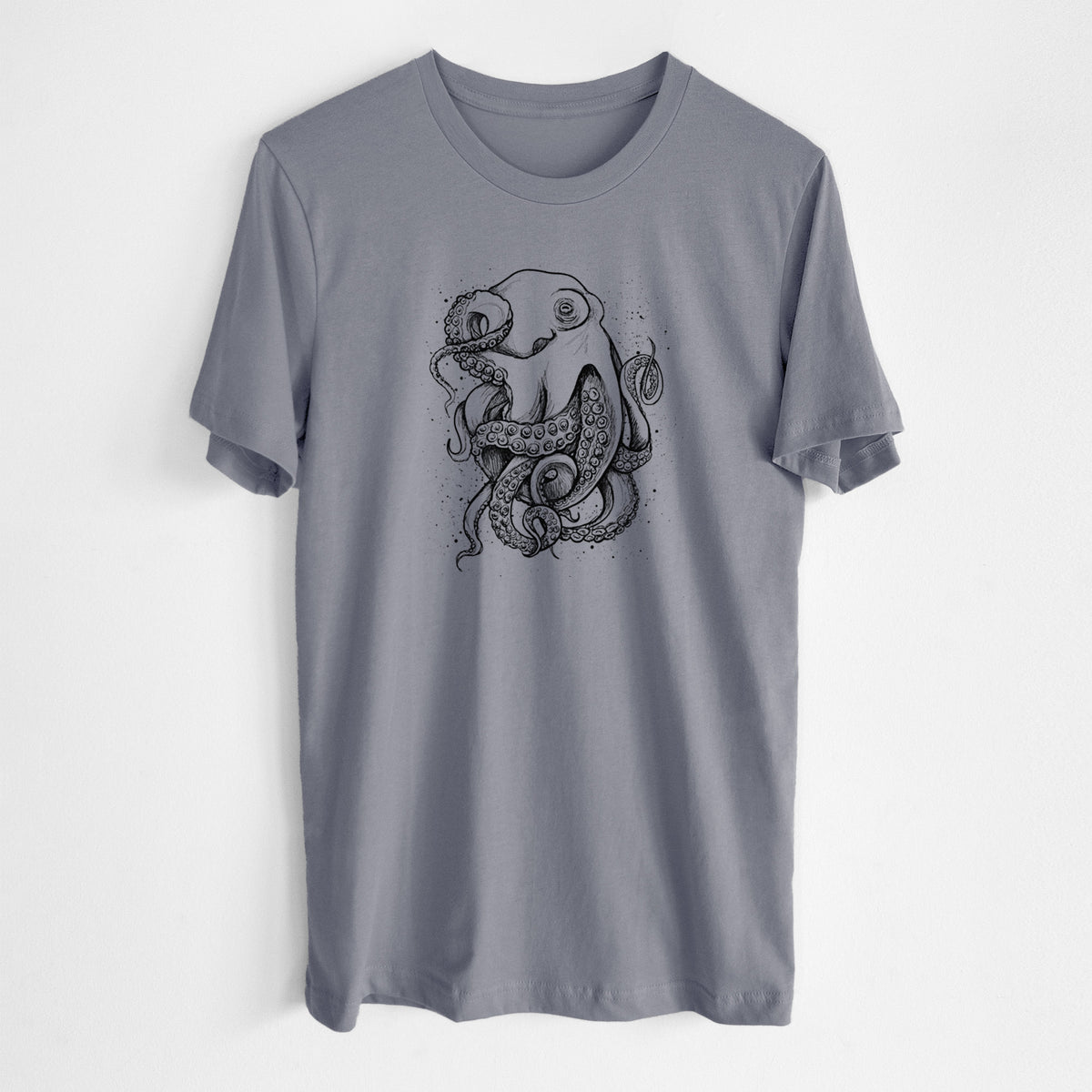 Storm grey lightweight cotton t-shirt laid flat, printed with a detailed black ink illustration of a common octopus with curling tentacles.