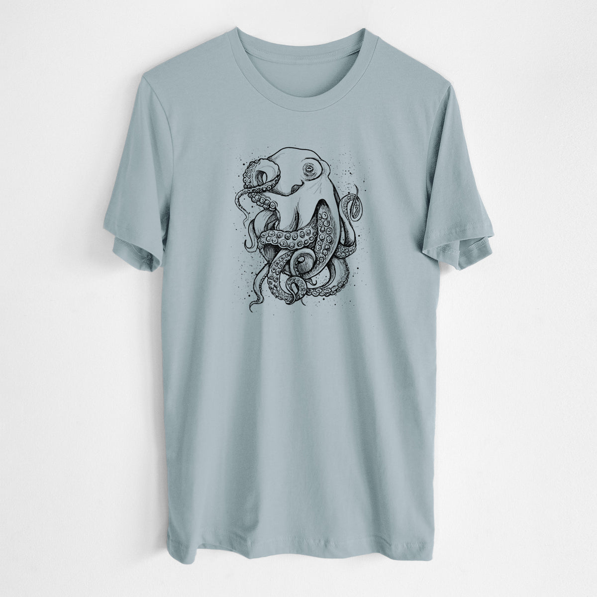 Vintage denim lightweight cotton t-shirt laid flat, printed with a detailed black ink illustration of a common octopus with curling tentacles.