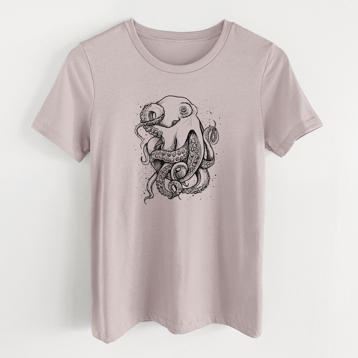 Pink gravel women's relaxed fit cotton t-shirt laid flat, printed with a detailed black ink illustration of a common octopus with curling tentacles.
