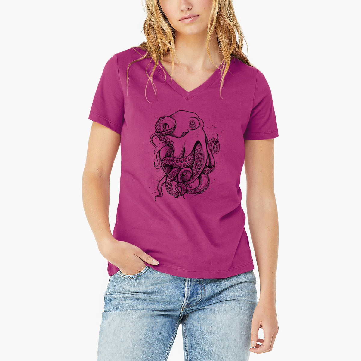 Woman wearing a berry pink women's relaxed fit cotton V-neck t-shirt printed with a detailed black ink illustration of a common octopus with curling tentacles.