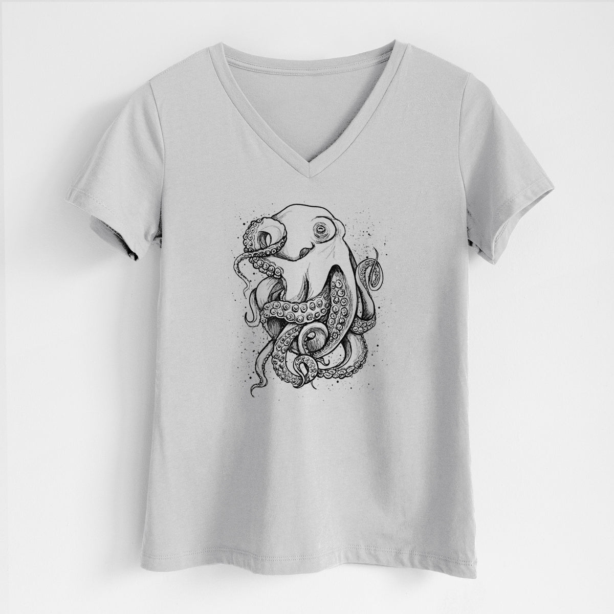 Lunar grey women's relaxed fit cotton V-neck t-shirt laid flat, printed with a detailed black ink illustration of a common octopus with curling tentacles.