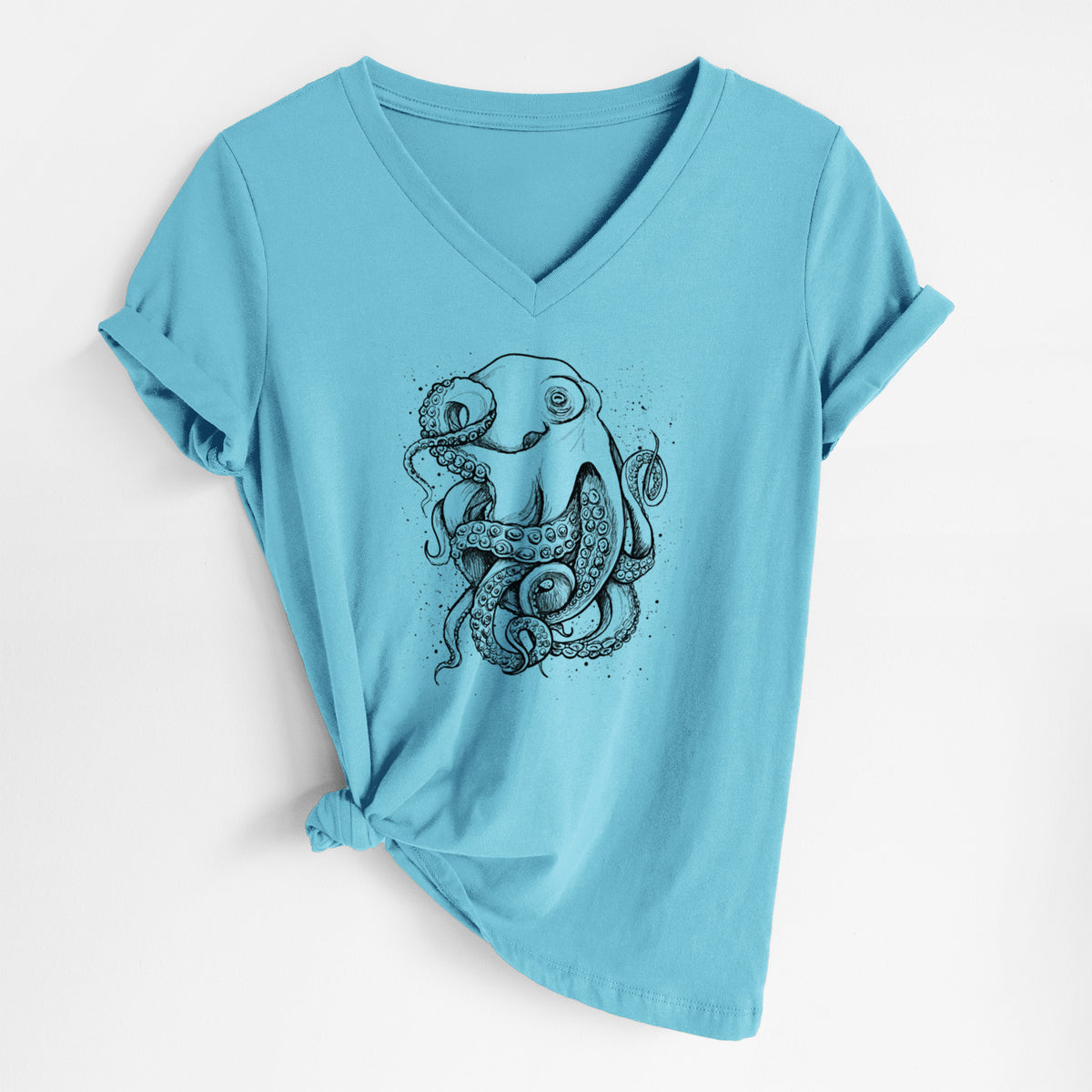 Turquoise women's relaxed fit cotton V-neck t-shirt laid flat, printed with a detailed black ink illustration of a common octopus with curling tentacles.