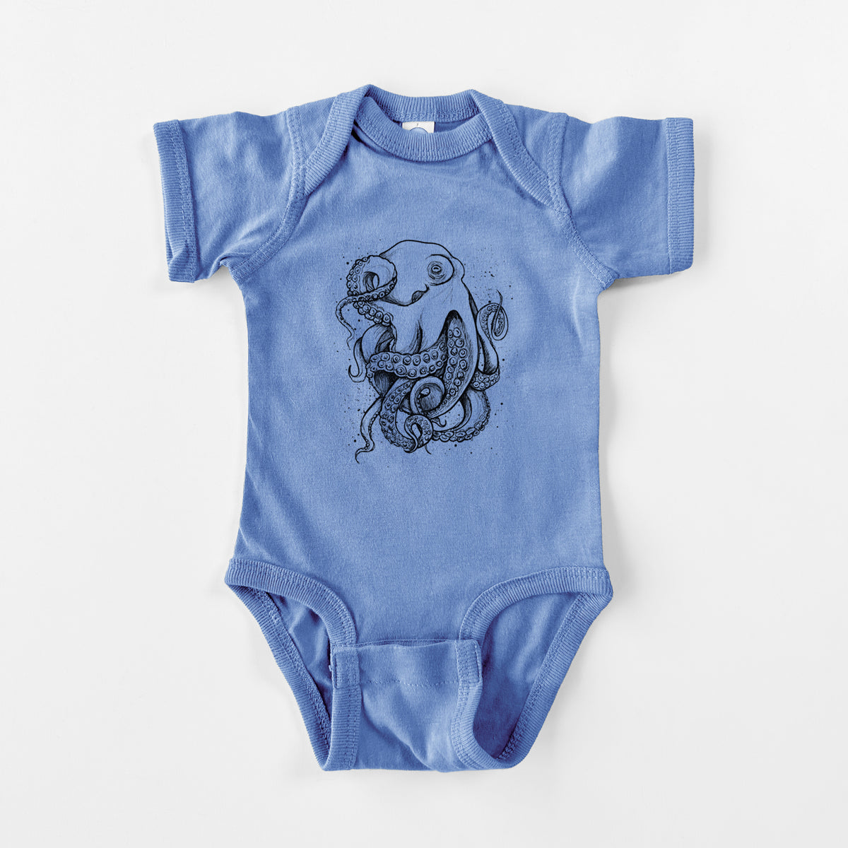 Carolina blue baby bodysuit laid flat, printed with a detailed black ink illustration of a common octopus with curling tentacles.