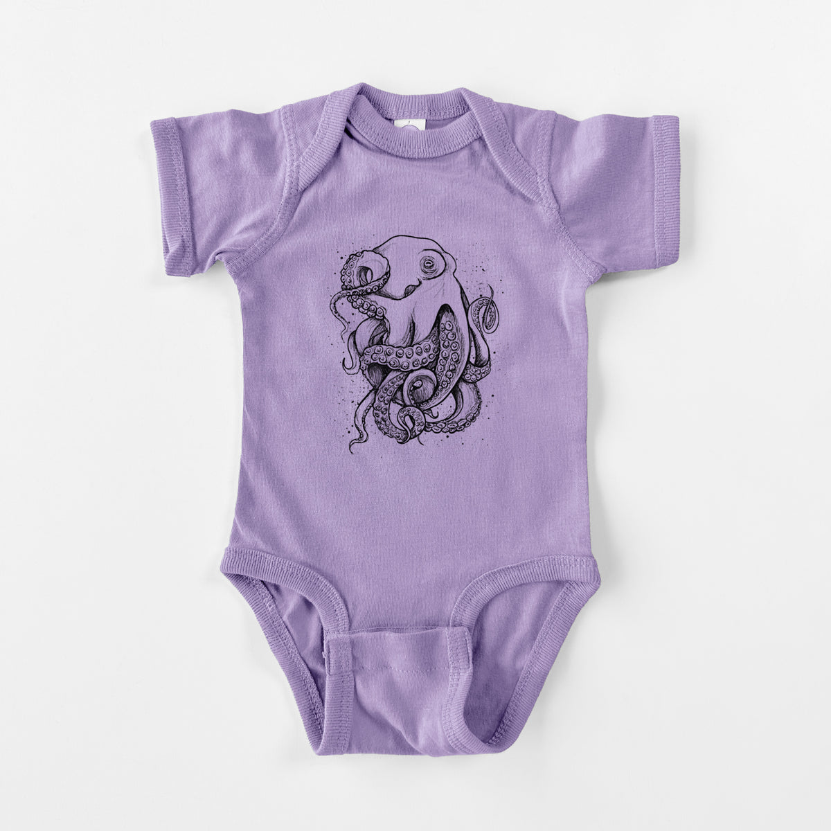 Lavender baby bodysuit laid flat, printed with a detailed black ink illustration of a common octopus with curling tentacles.