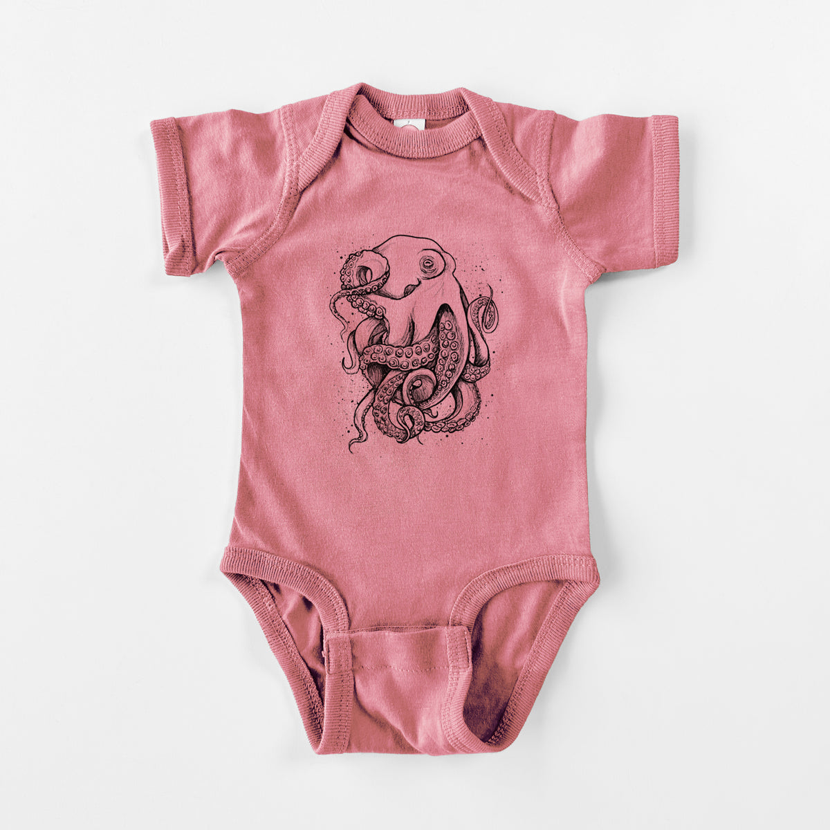 Mauve pink baby bodysuit laid flat, printed with a detailed black ink illustration of a common octopus with curling tentacles.