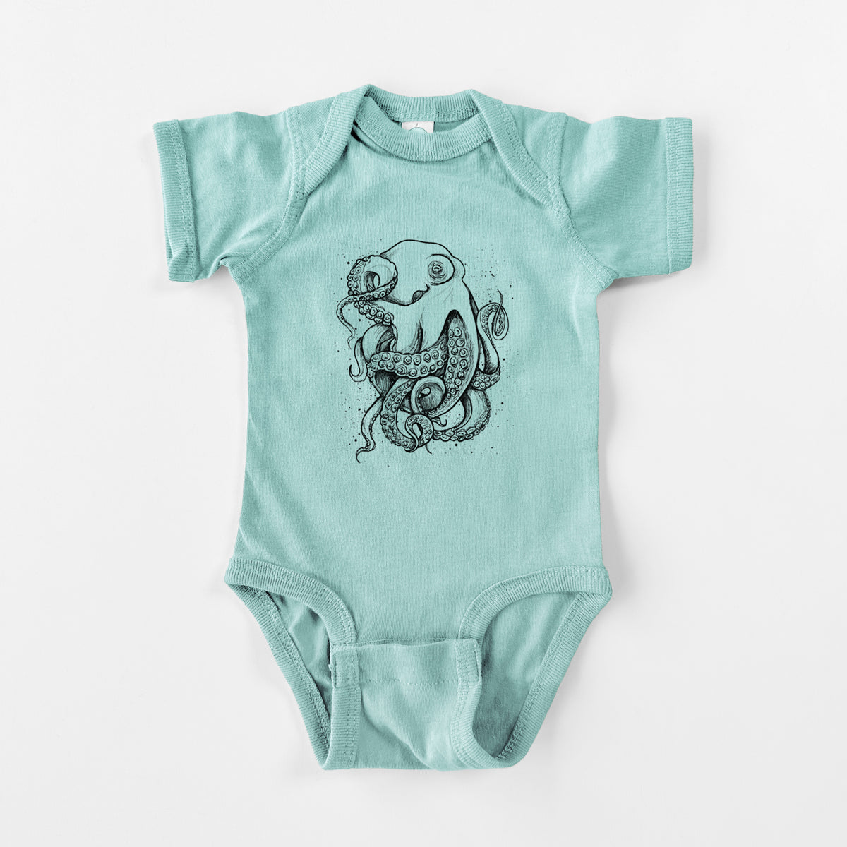 Saltwater baby bodysuit laid flat, printed with a detailed black ink illustration of a common octopus with curling tentacles.
