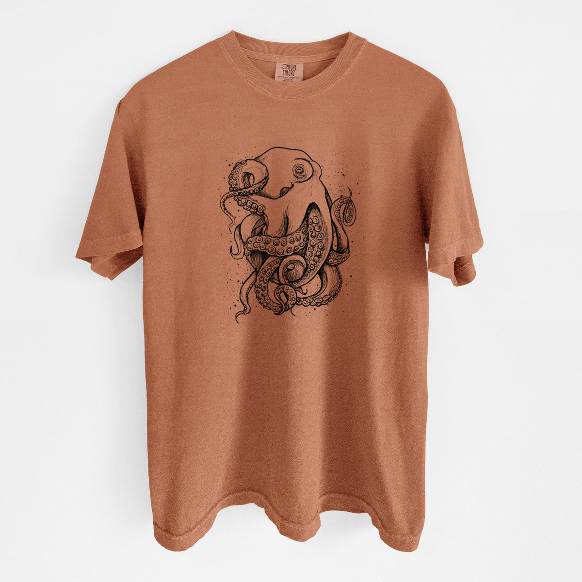 Yam burnt orange Comfort Colors t-shirt laid flat, printed with a detailed black ink illustration of a common octopus with curling tentacles.