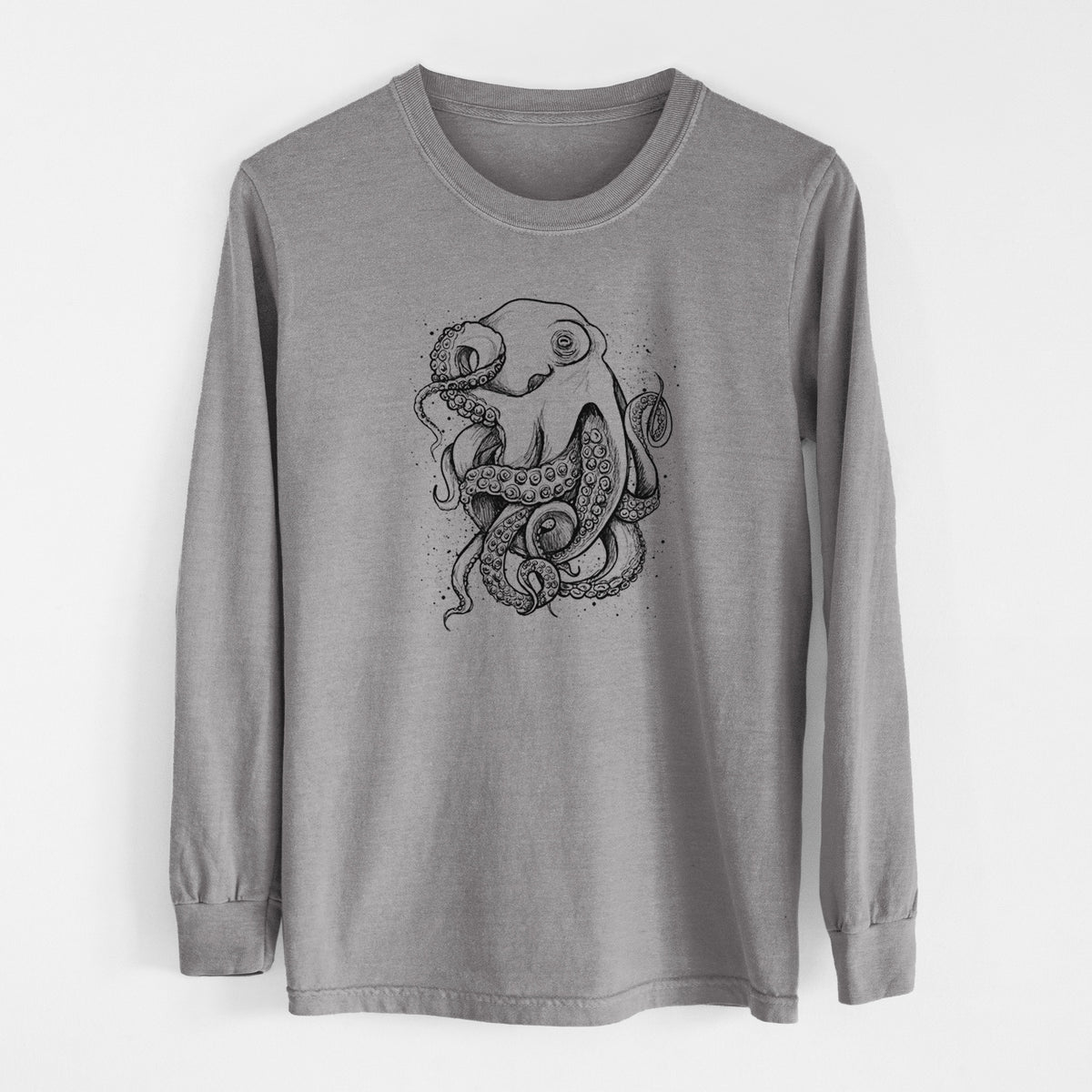Grey Comfort Colors long sleeve shirt laid flat, printed with a detailed black ink illustration of a common octopus with curling tentacles.