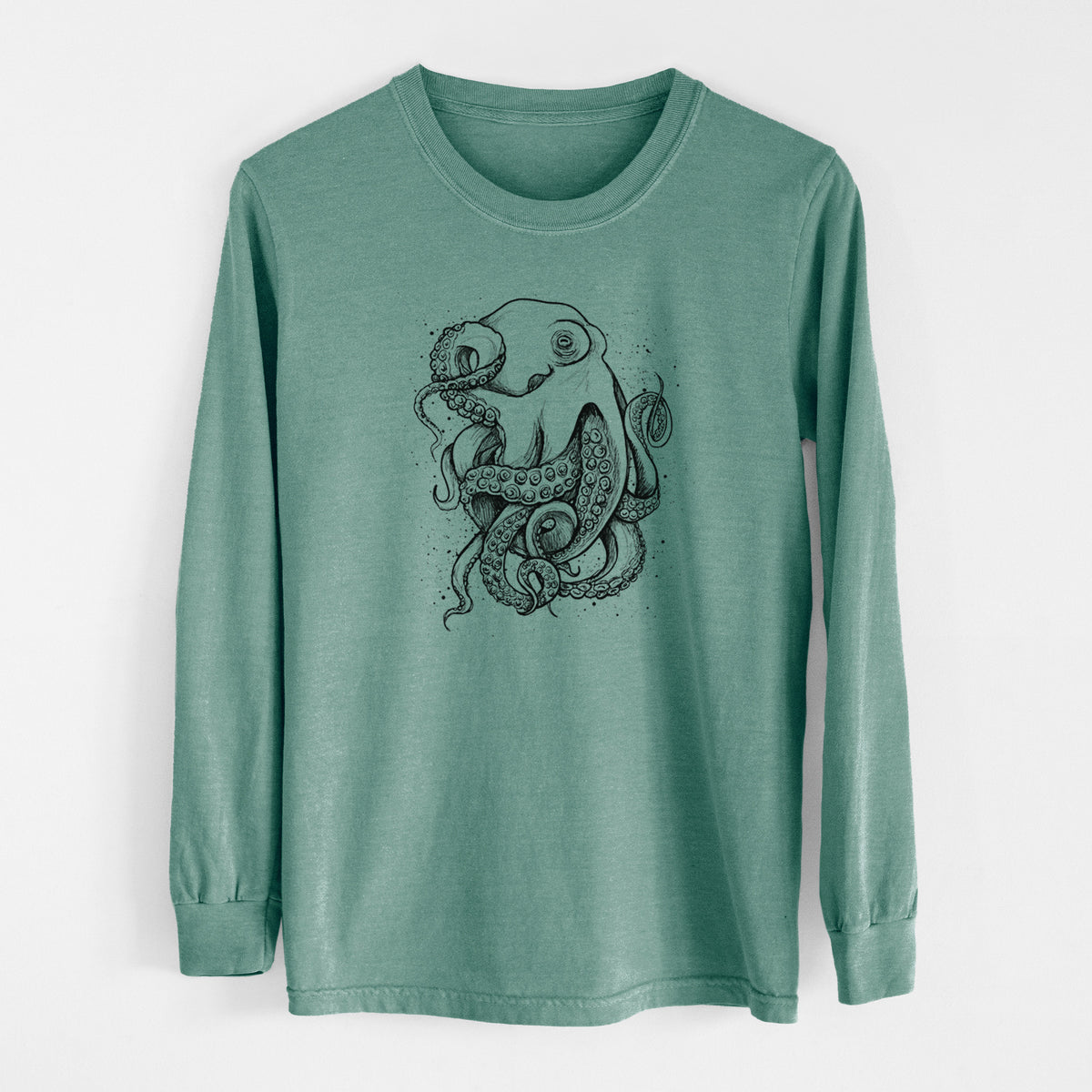 Pine green Comfort Colors long sleeve shirt laid flat, printed with a detailed black ink illustration of a common octopus with curling tentacles.