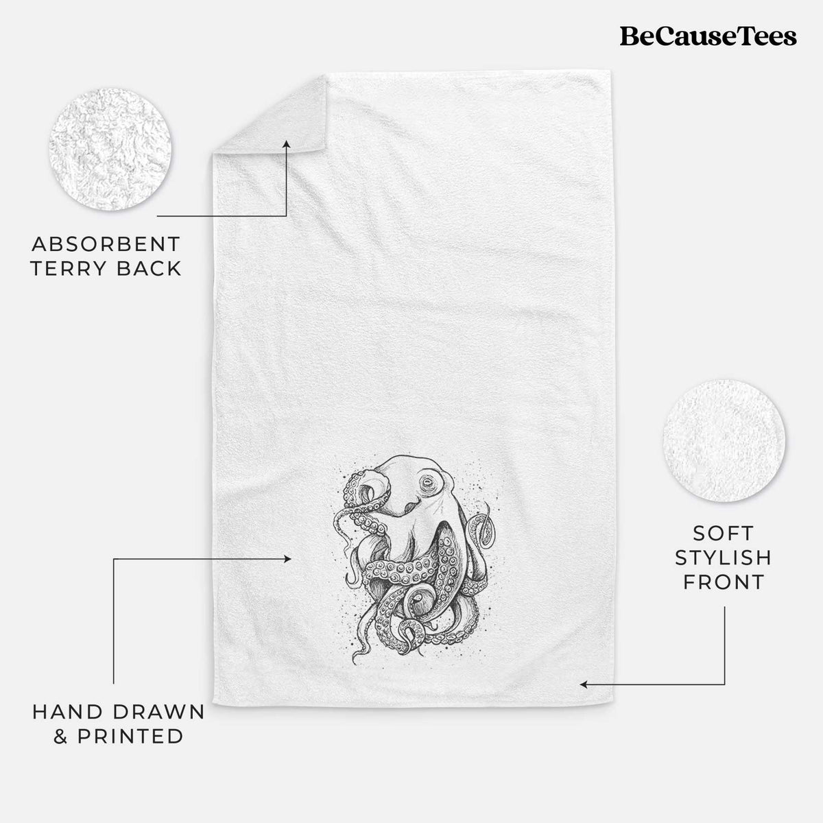 White hand towel printed with a detailed black ink illustration of a common octopus with curling tentacles.