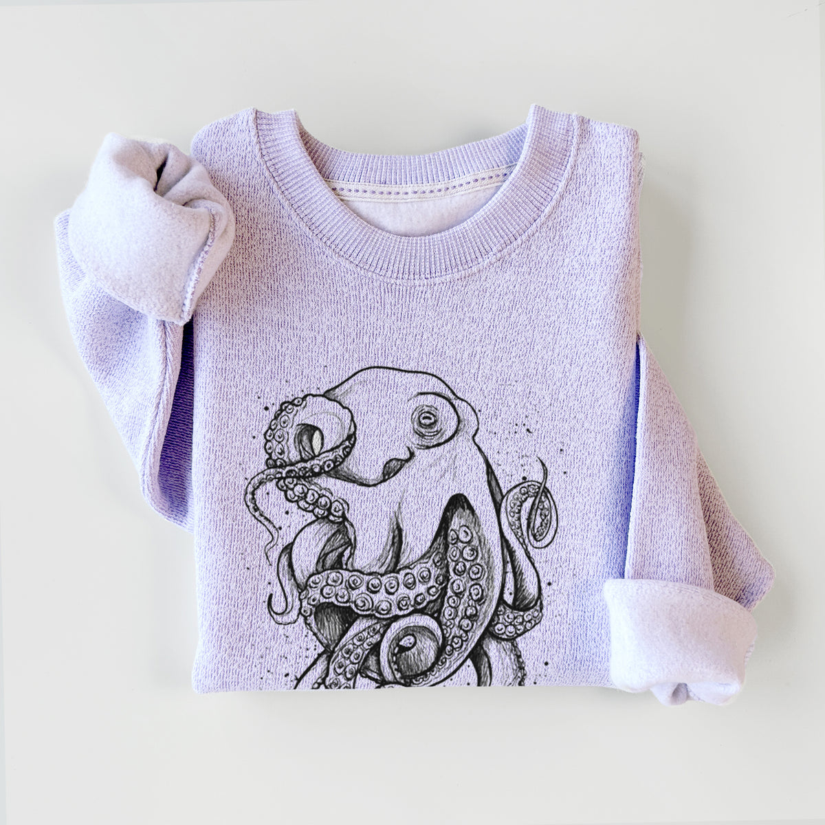 Ice purple knit sweatshirt printed with a detailed black ink illustration of a common octopus with curling tentacles, styled flat.