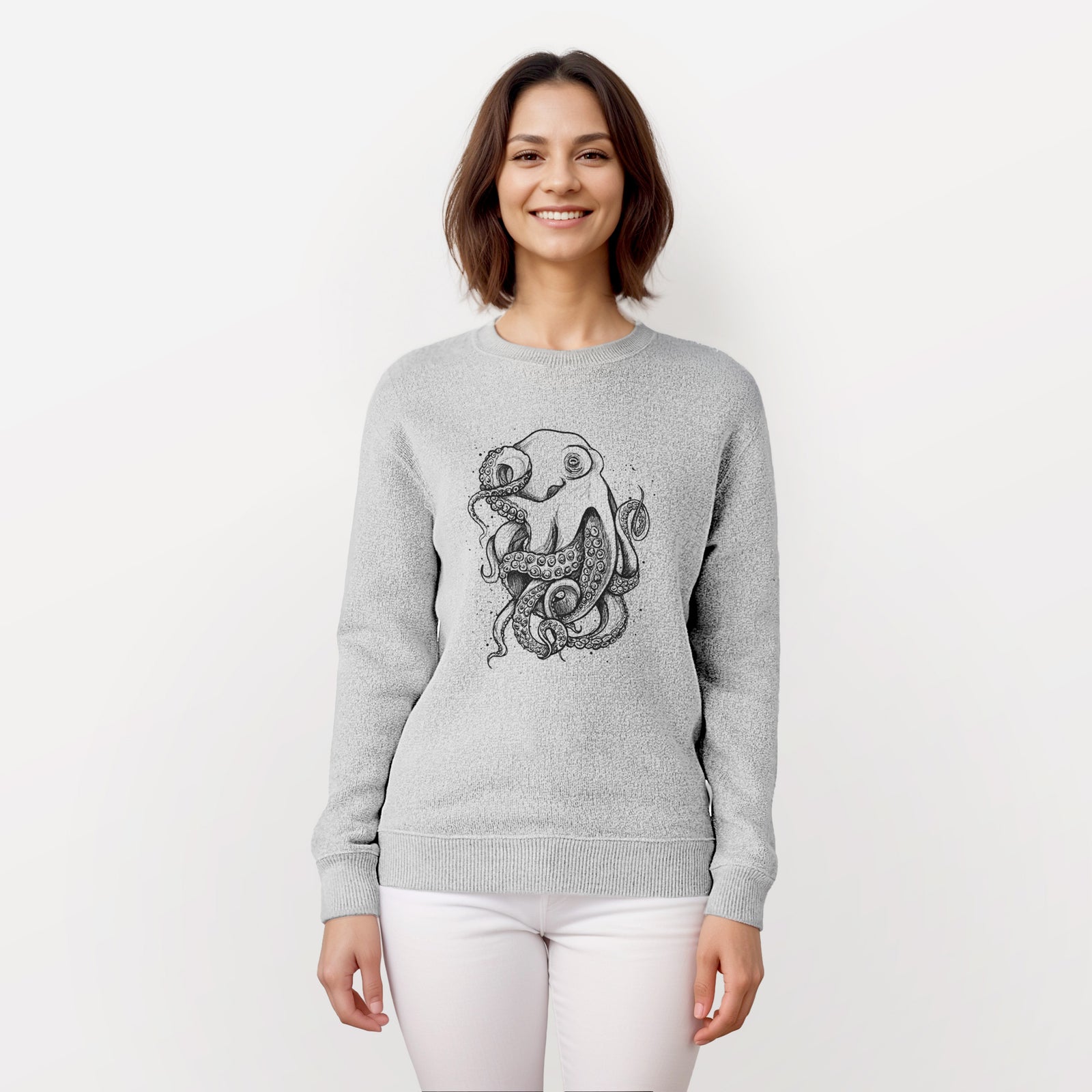 Salt and pepper knit sweatshirt laid flat, printed with a detailed black ink illustration of a common octopus with curling tentacles.