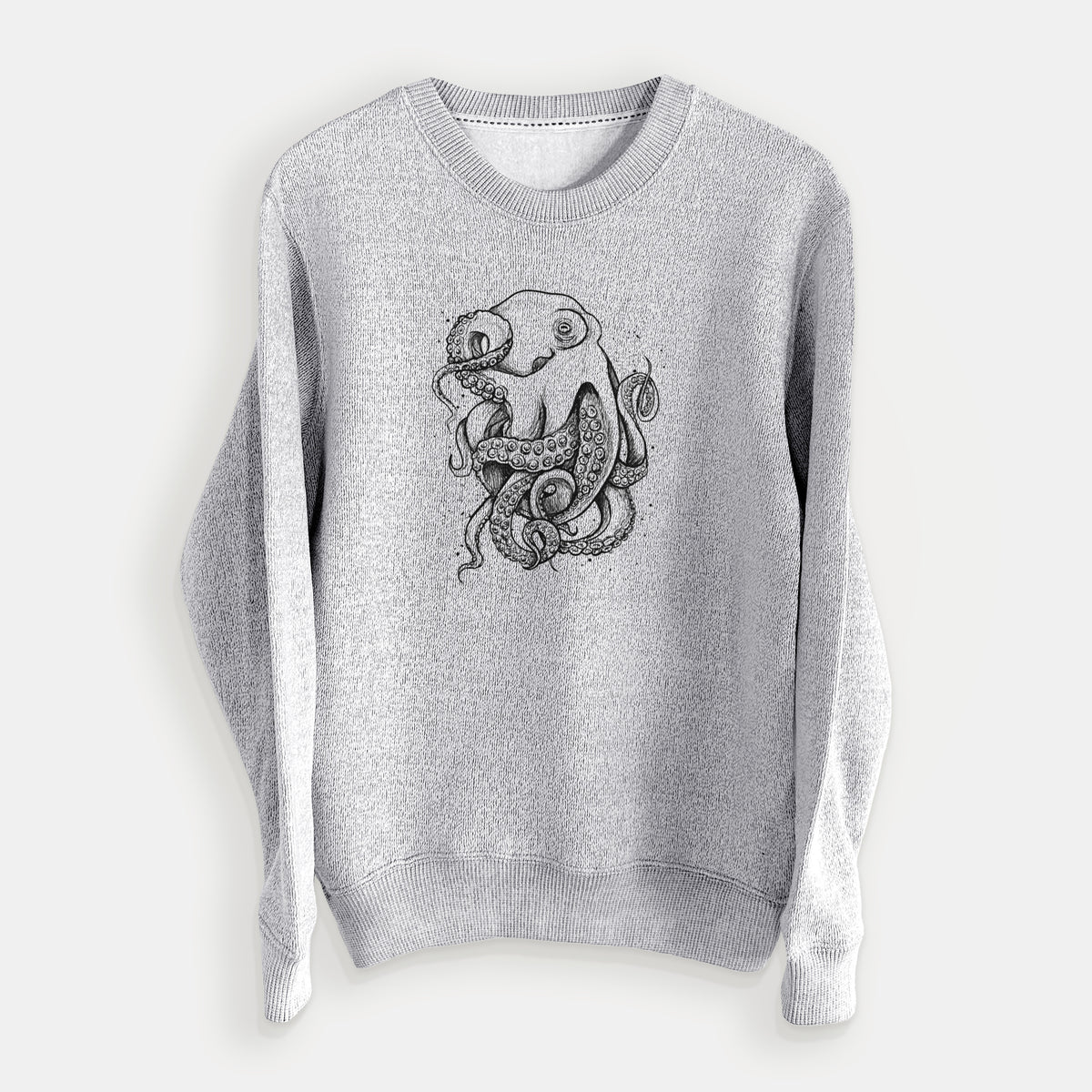 Salt and pepper knit sweatshirt laid flat, printed with a detailed black ink illustration of a common octopus with curling tentacles.