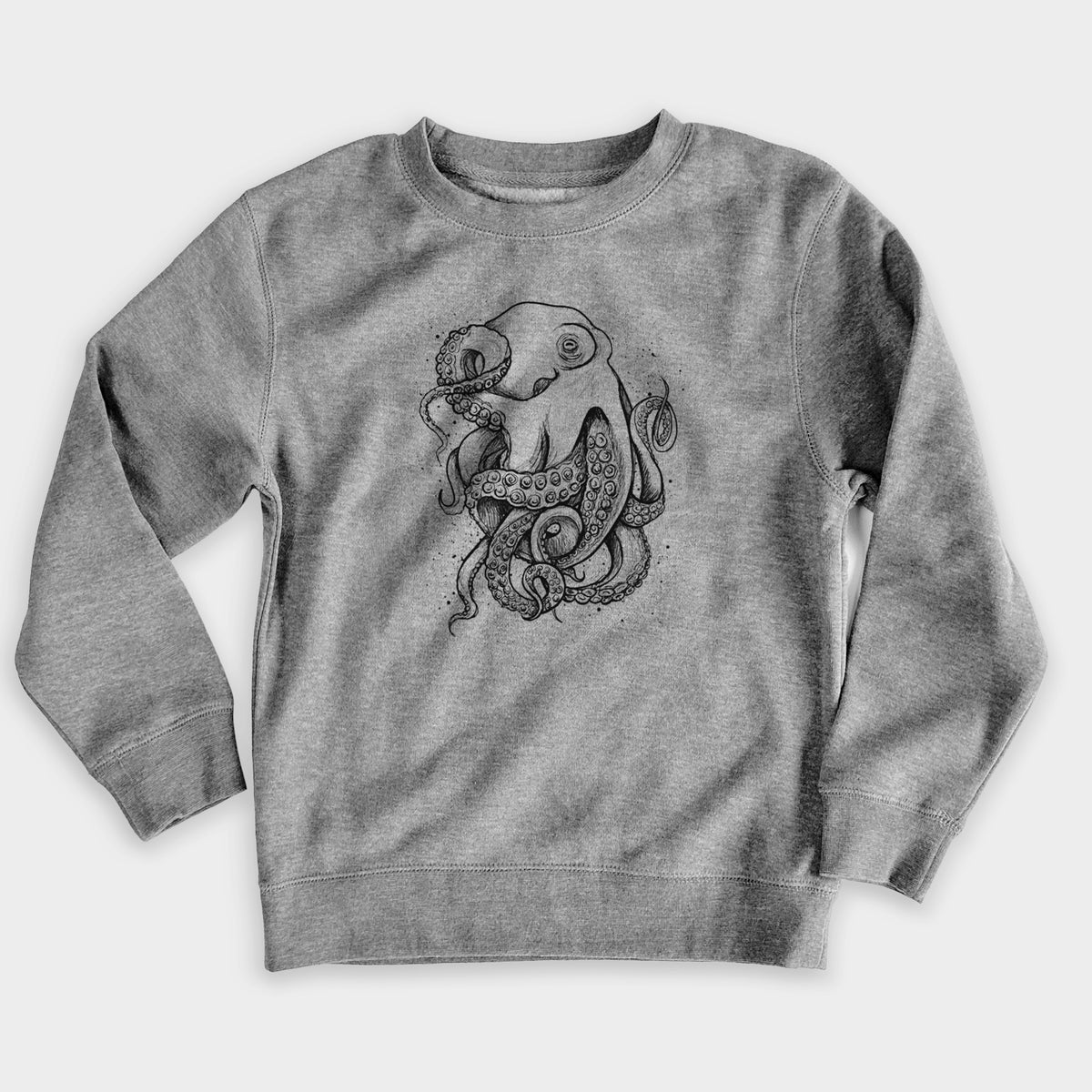 Nickel grey youth crewneck sweatshirt laid flat, printed with a detailed black ink illustration of a common octopus with curling tentacles.