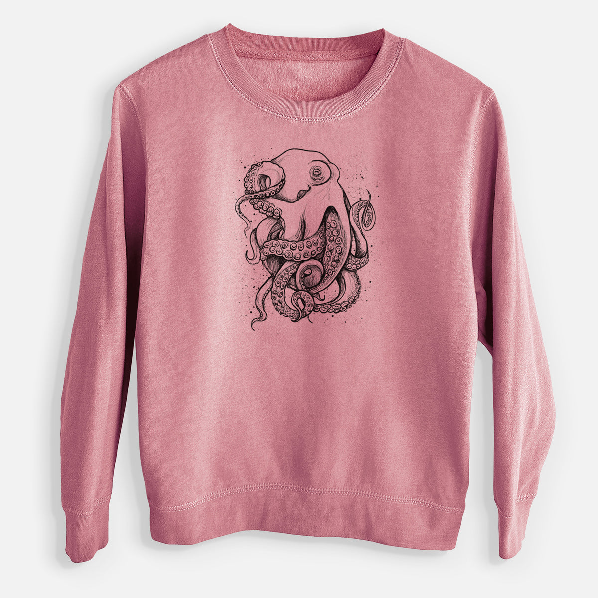 Mauve pink youth crewneck sweatshirt laid flat, printed with a detailed black ink illustration of a common octopus with curling tentacles.