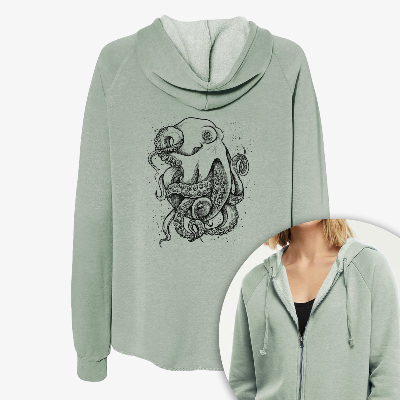 Women's Cali Wave zip-up sweatshirt printed with a detailed black ink illustration of a common octopus with curling tentacles, with a close-up of the zipper.