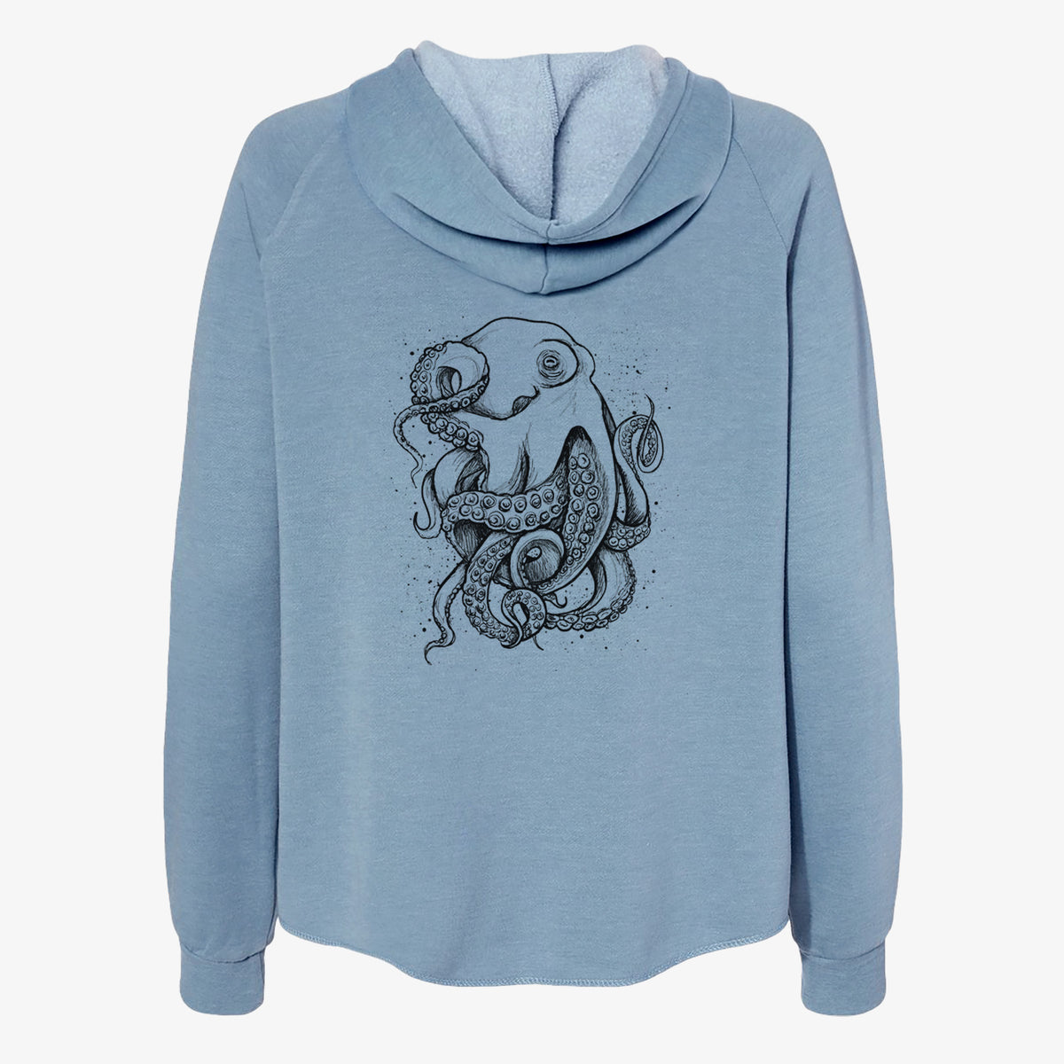 Misty blue women's Cali Wave zip-up sweatshirt laid flat, printed with a detailed black ink illustration of a common octopus with curling tentacles.