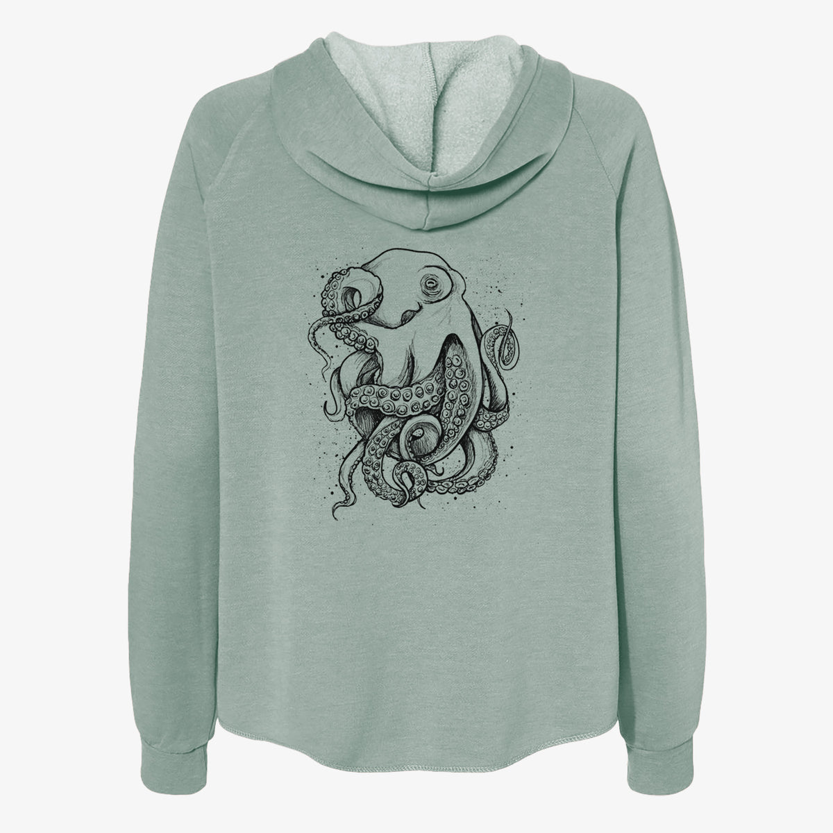 Sage green women's Cali Wave zip-up sweatshirt laid flat, printed with a detailed black ink illustration of a common octopus with curling tentacles.