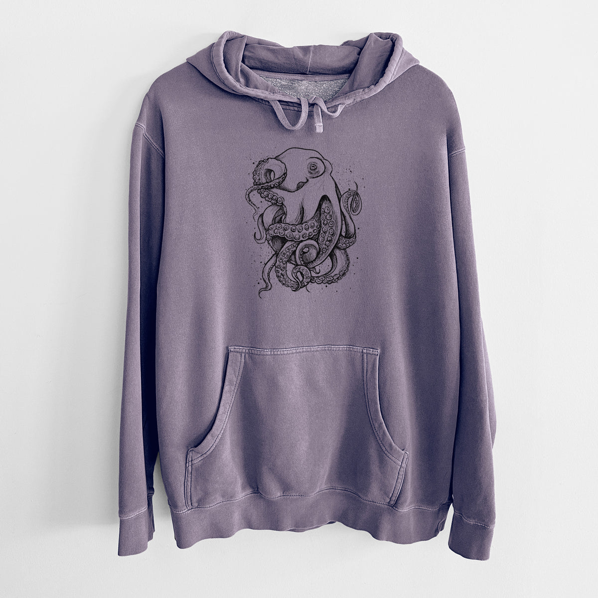 Plum purple pigment dyed hoodie laid flat, printed with a detailed black ink illustration of a common octopus with curling tentacles.