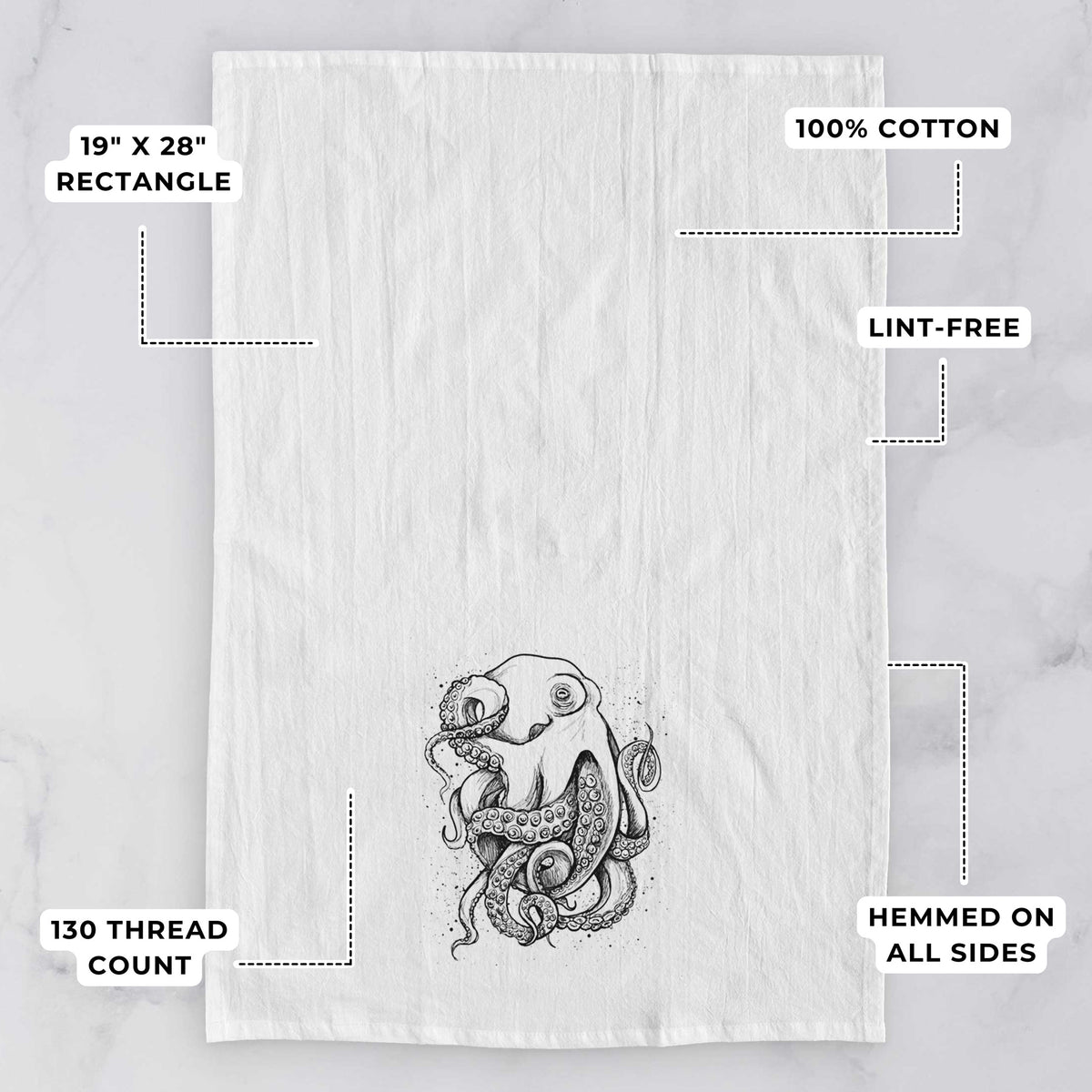 White tea towel printed with a detailed black ink illustration of a common octopus with curling tentacles, with feature labels: 19 by 28 inch rectangle, 100% cotton, lint-free, 130 thread count, hemmed on all sides.
