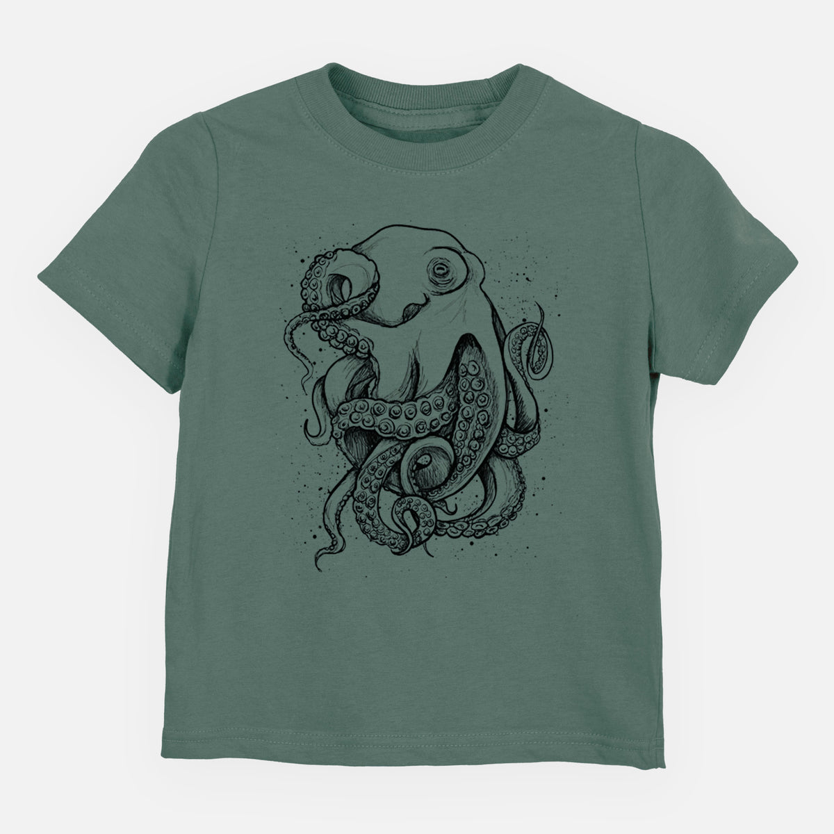 Basil green toddler t-shirt laid flat, printed with a detailed black ink illustration of a common octopus with curling tentacles.