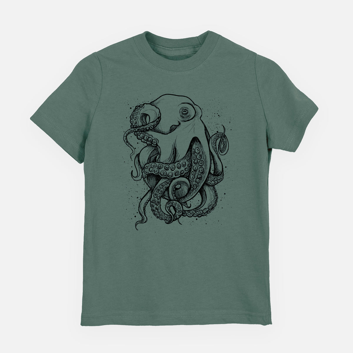 Basil green youth t-shirt laid flat, printed with a detailed black ink illustration of a common octopus with curling tentacles.