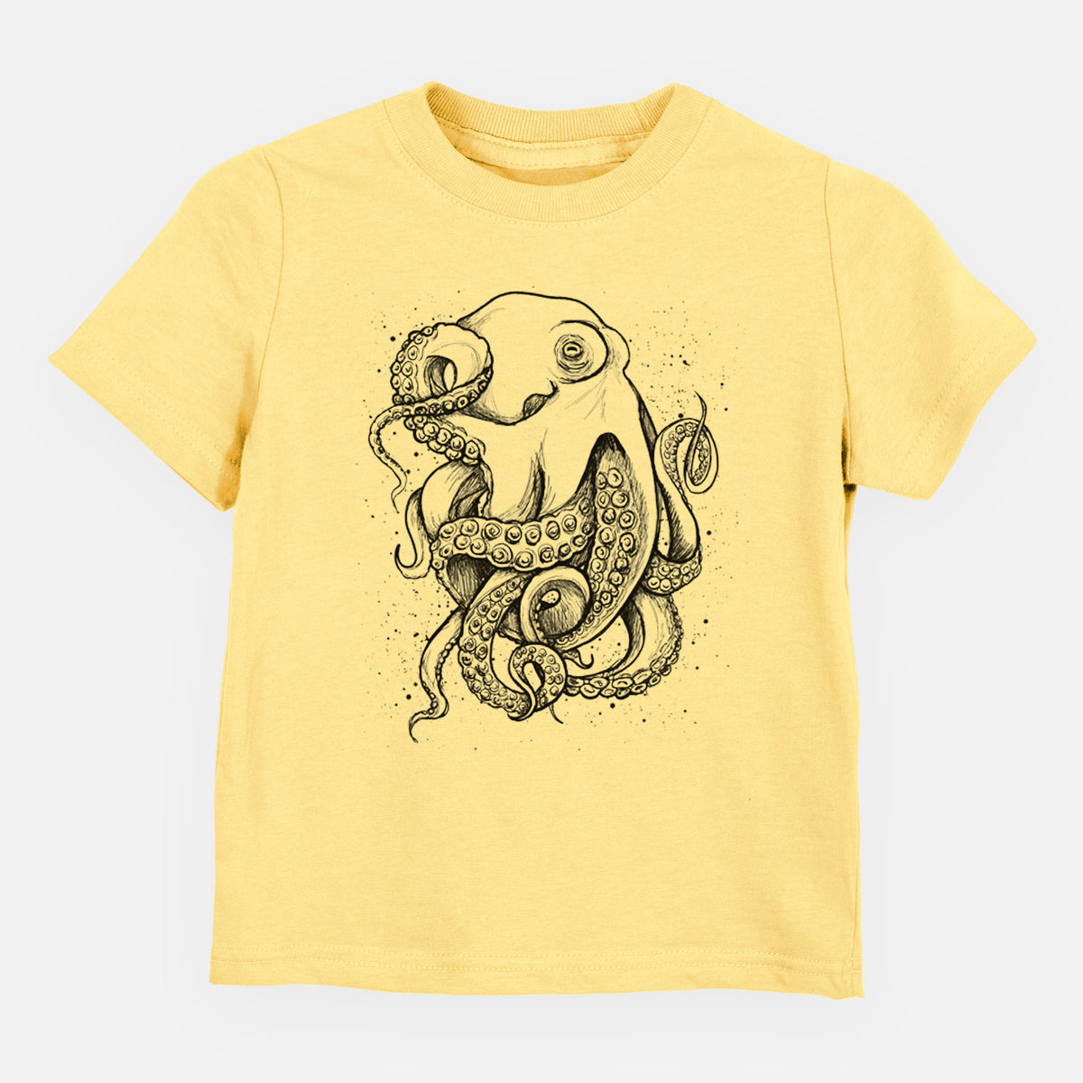 Butter yellow toddler t-shirt laid flat, printed with a detailed black ink illustration of a common octopus with curling tentacles.