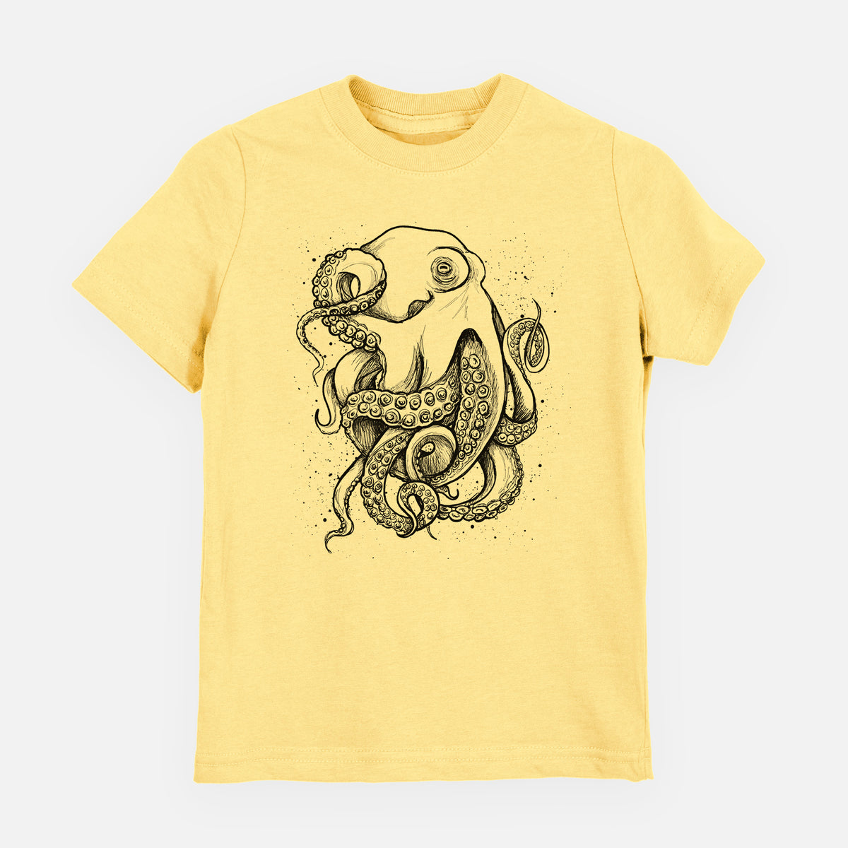 Butter yellow youth t-shirt laid flat, printed with a detailed black ink illustration of a common octopus with curling tentacles.