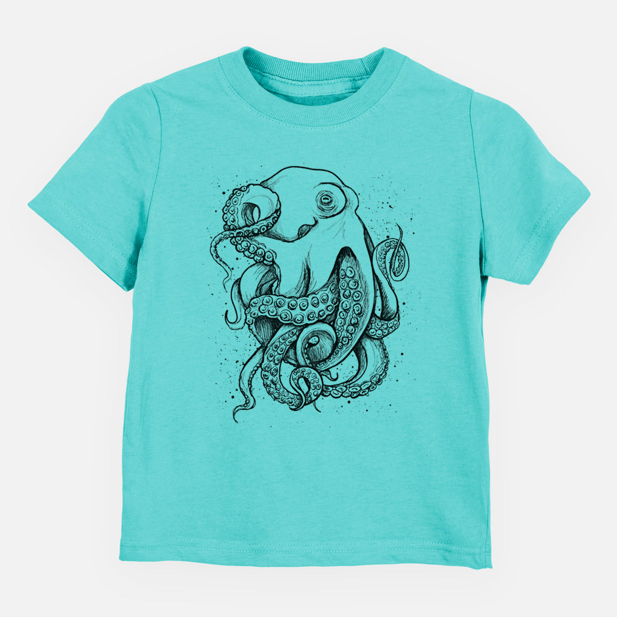 Caribbean blue toddler t-shirt laid flat, printed with a detailed black ink illustration of a common octopus with curling tentacles.
