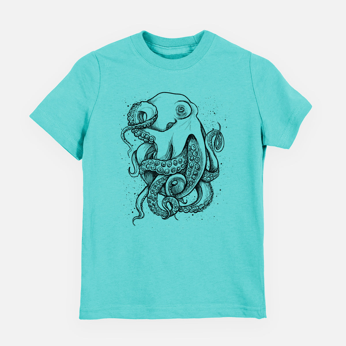 Caribbean blue youth t-shirt laid flat, printed with a detailed black ink illustration of a common octopus with curling tentacles.