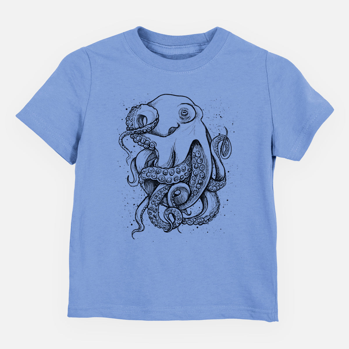 Carolina blue toddler t-shirt laid flat, printed with a detailed black ink illustration of a common octopus with curling tentacles.