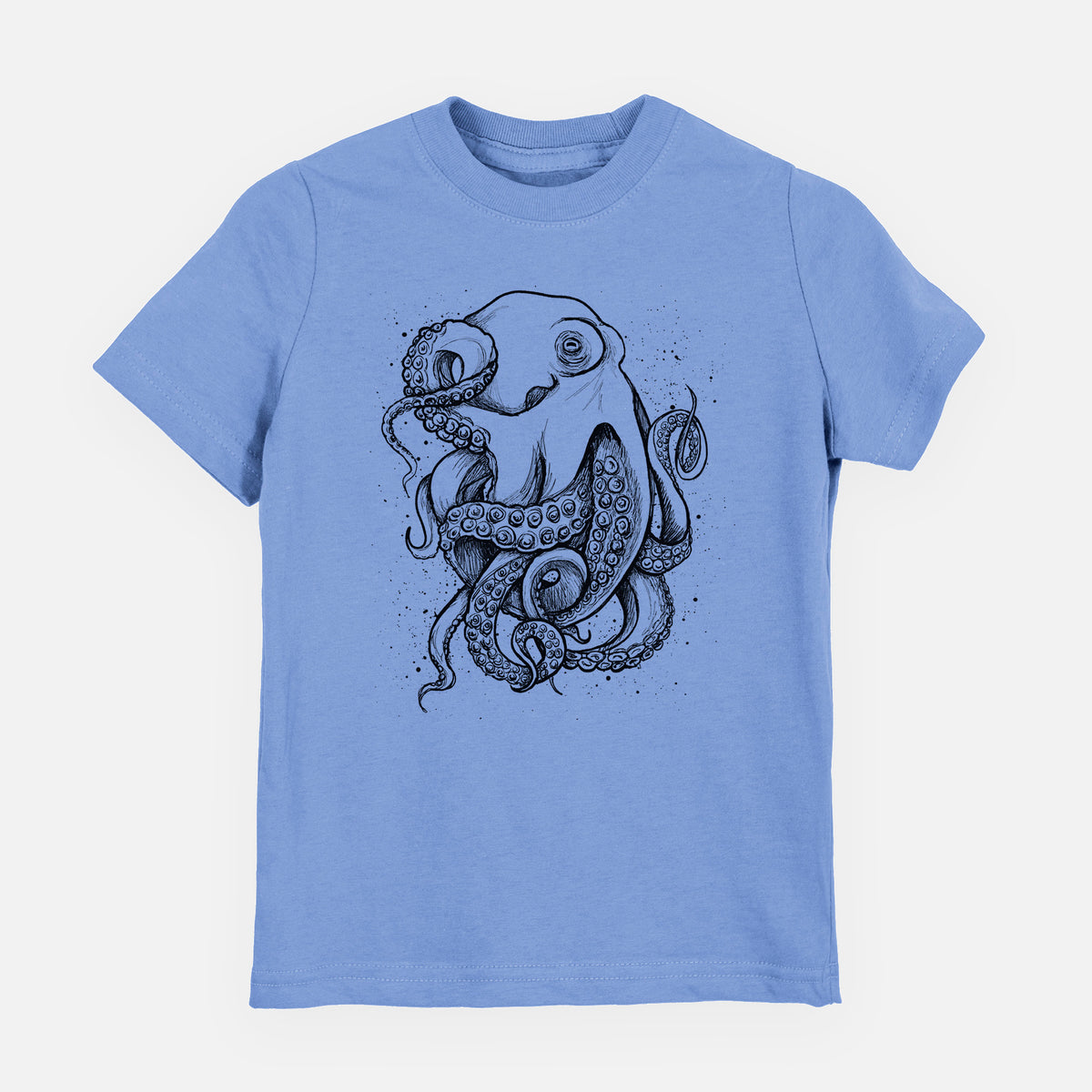 Carolina blue youth t-shirt laid flat, printed with a detailed black ink illustration of a common octopus with curling tentacles.
