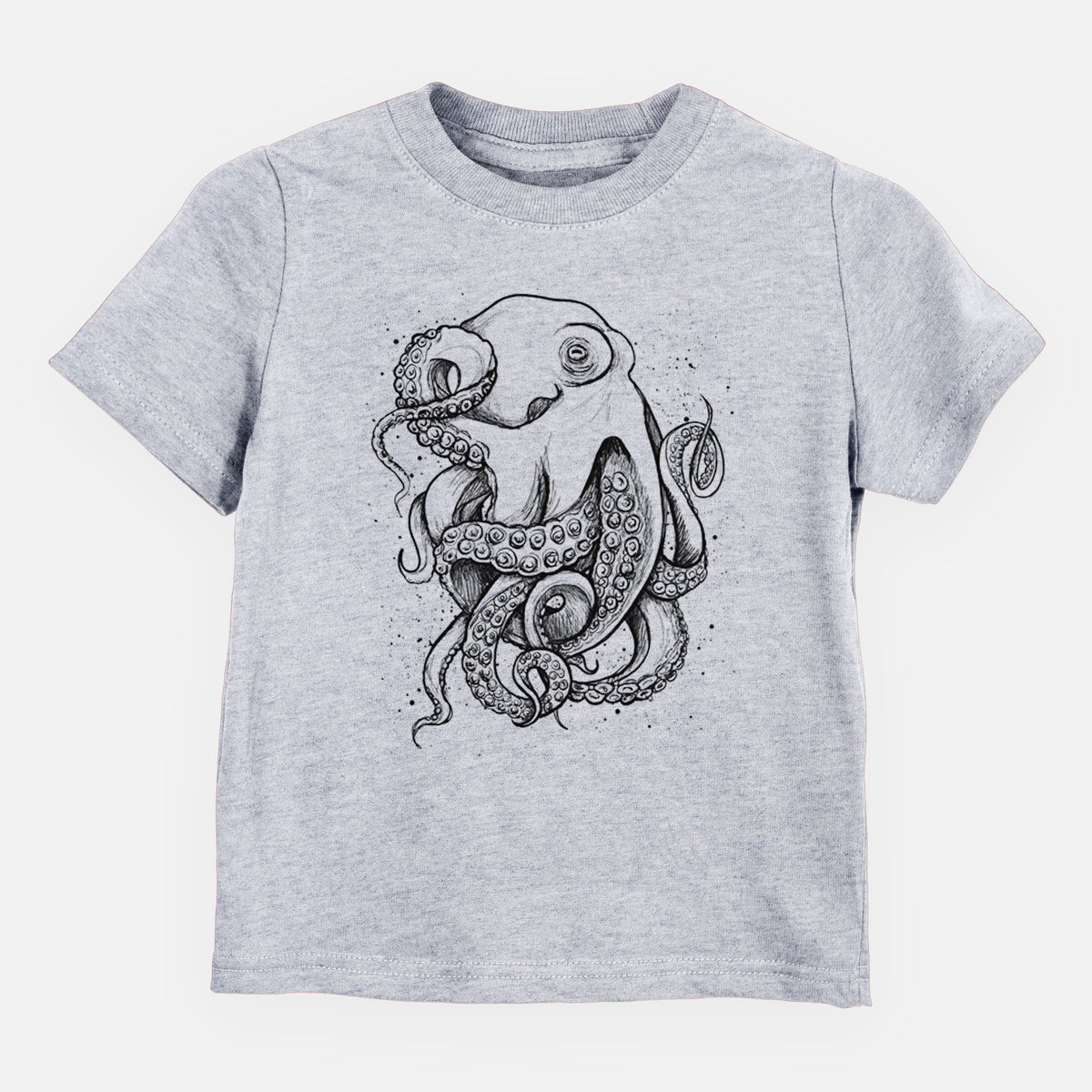 Heather grey toddler t-shirt laid flat, printed with a detailed black ink illustration of a common octopus with curling tentacles.