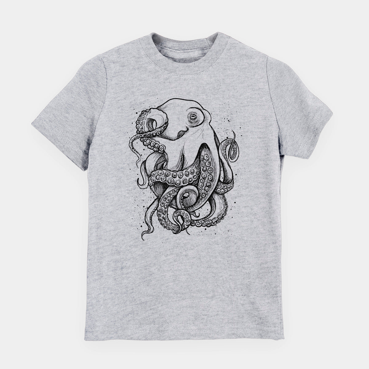 Heather grey youth t-shirt laid flat, printed with a detailed black ink illustration of a common octopus with curling tentacles.