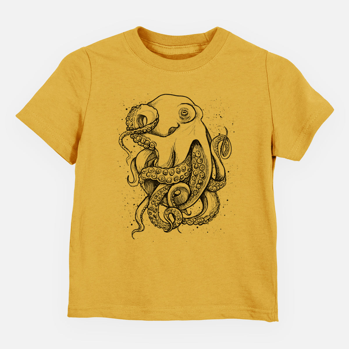 Honeycomb yellow toddler t-shirt laid flat, printed with a detailed black ink illustration of a common octopus with curling tentacles.
