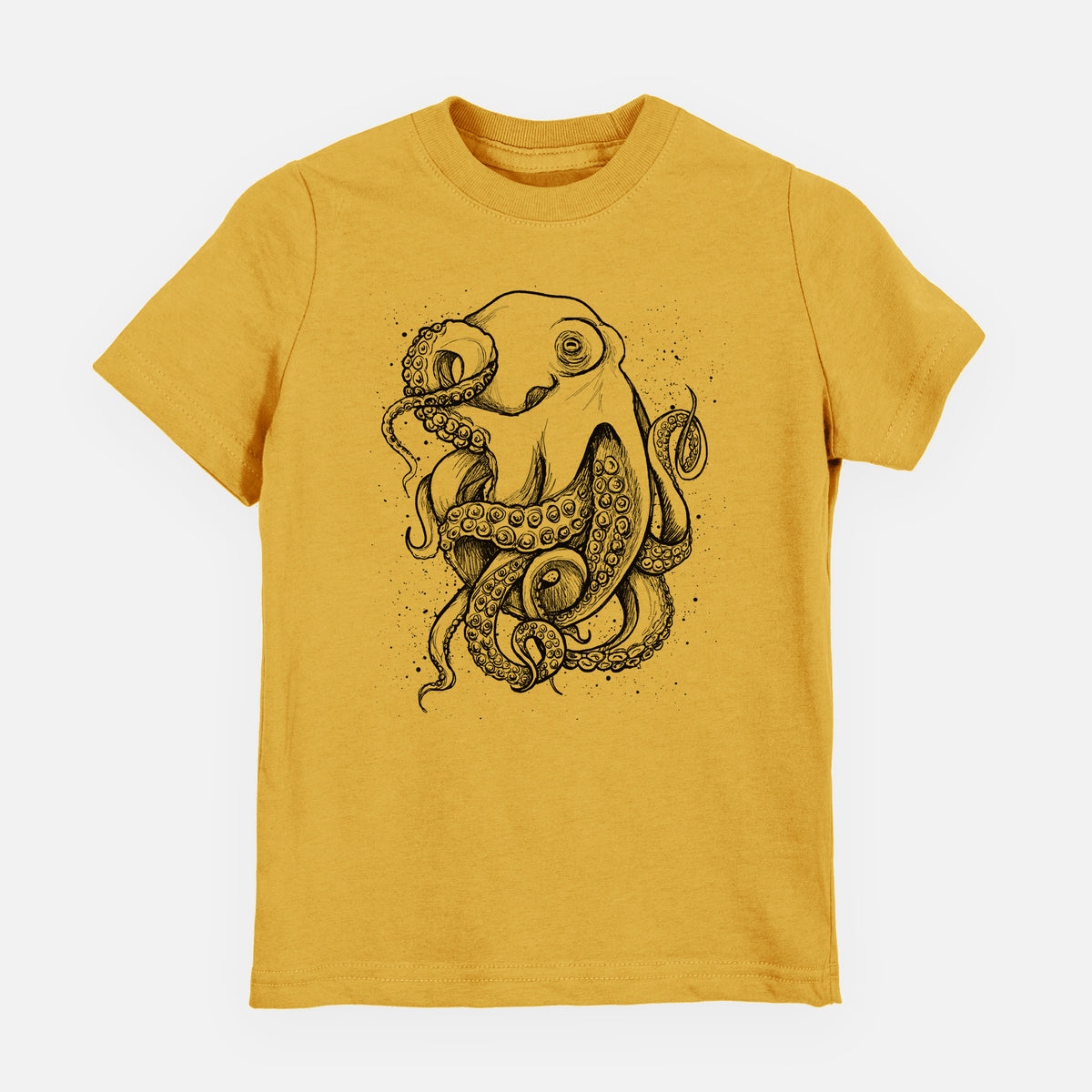 Honeycomb yellow youth t-shirt laid flat, printed with a detailed black ink illustration of a common octopus with curling tentacles.