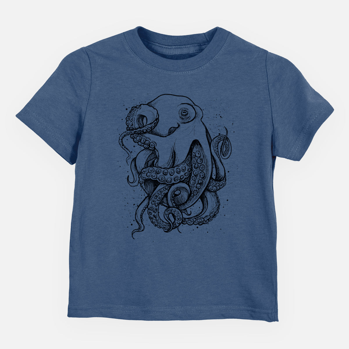 Indigo blue toddler t-shirt laid flat, printed with a detailed black ink illustration of a common octopus with curling tentacles.