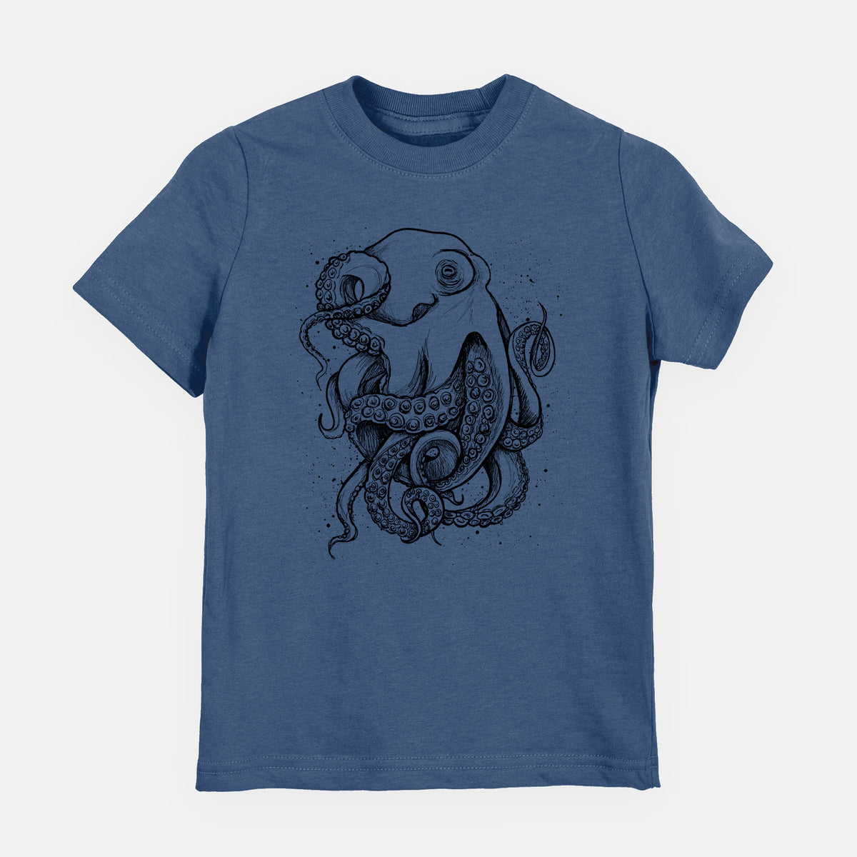Indigo blue youth t-shirt laid flat, printed with a detailed black ink illustration of a common octopus with curling tentacles.