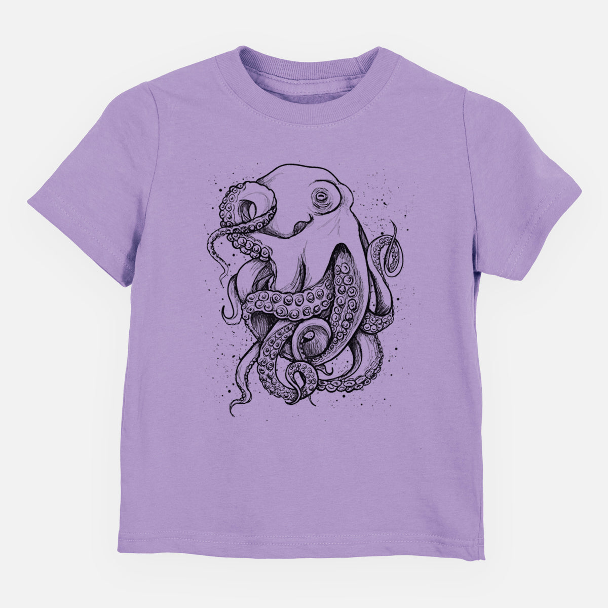 Lavender toddler t-shirt laid flat, printed with a detailed black ink illustration of a common octopus with curling tentacles.