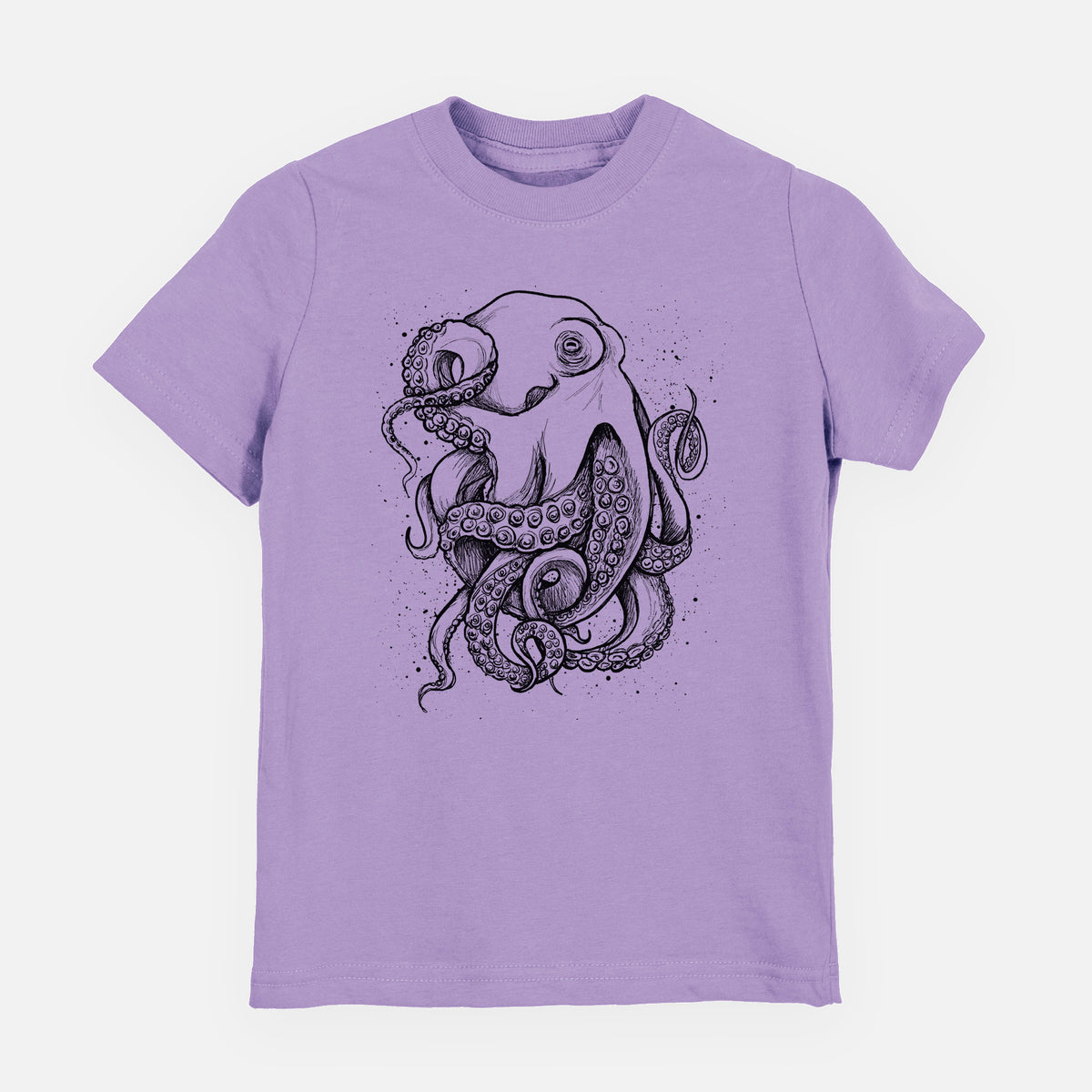 Lavender youth t-shirt laid flat, printed with a detailed black ink illustration of a common octopus with curling tentacles.