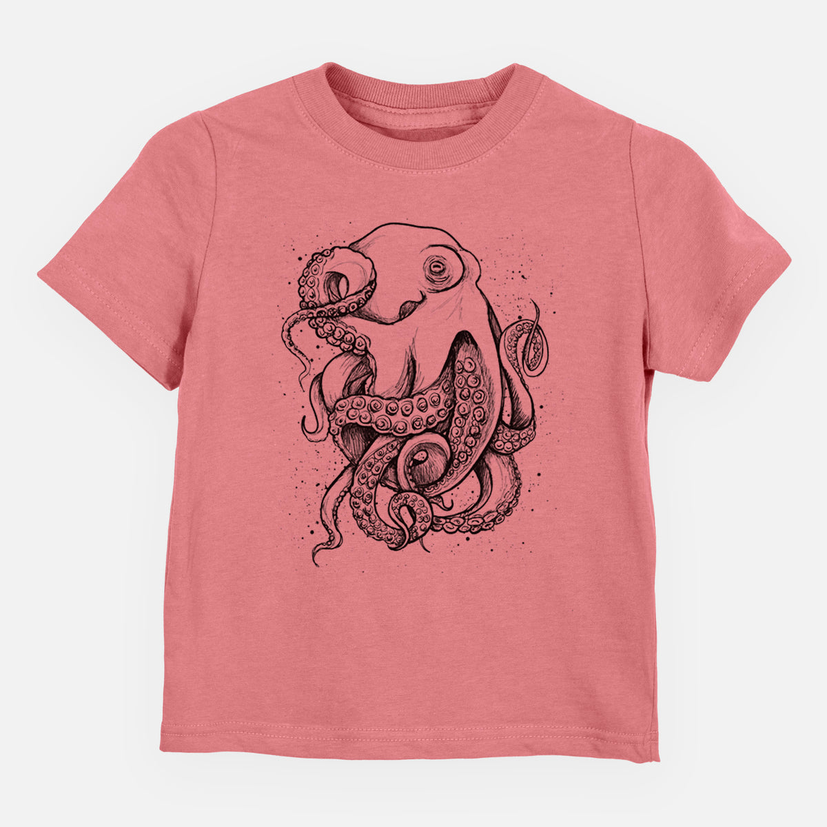 Mauve pink toddler t-shirt laid flat, printed with a detailed black ink illustration of a common octopus with curling tentacles.