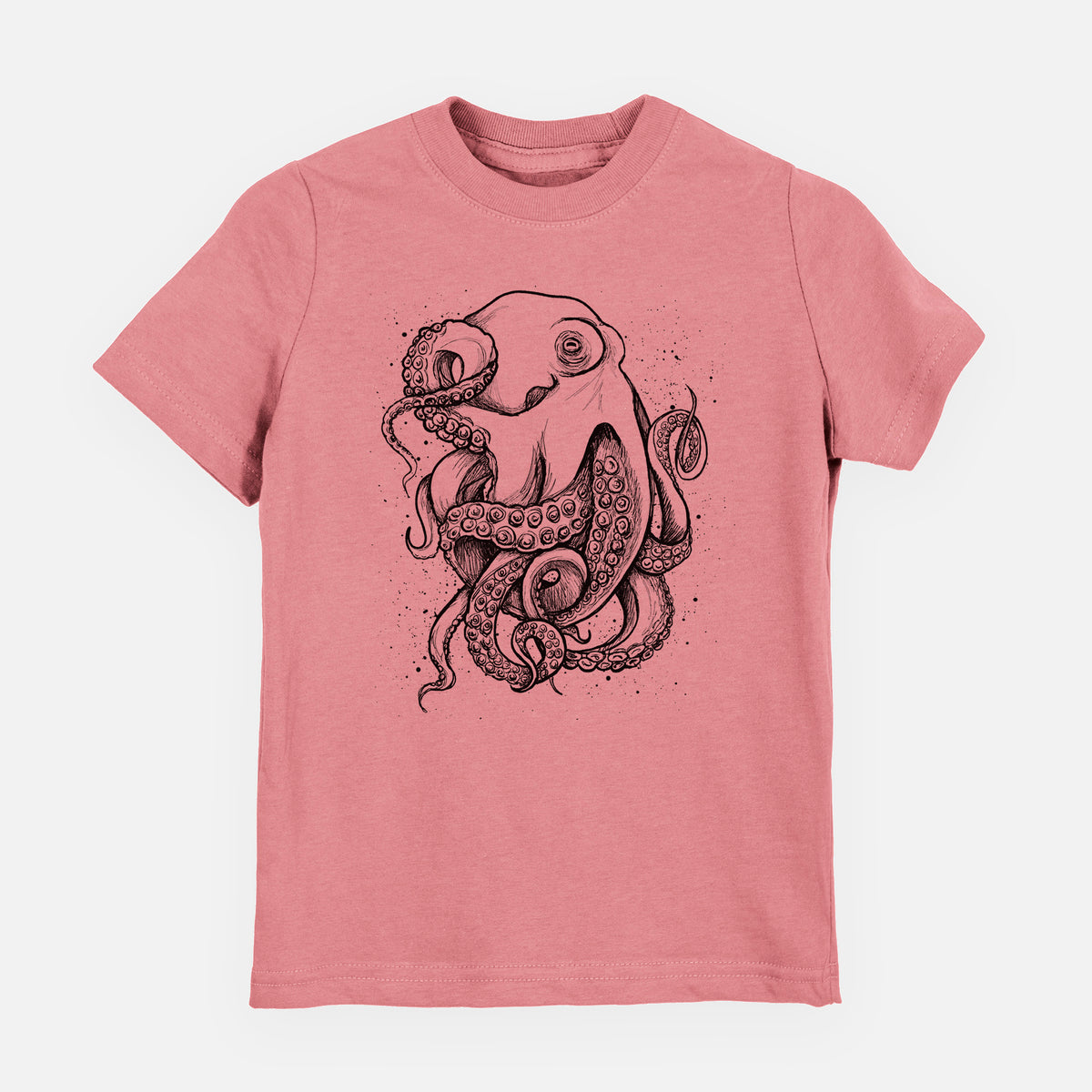Mauve pink youth t-shirt laid flat, printed with a detailed black ink illustration of a common octopus with curling tentacles.