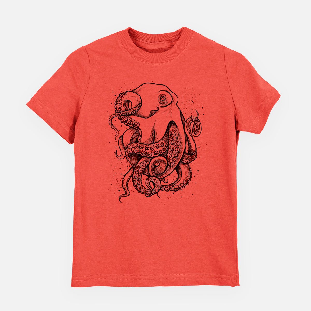 Passionfruit pink youth t-shirt laid flat, printed with a detailed black ink illustration of a common octopus with curling tentacles.