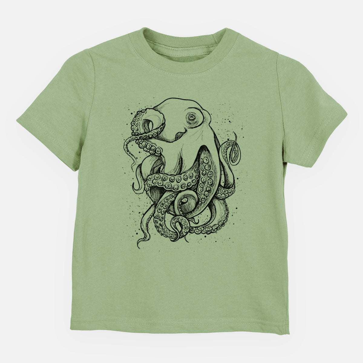 Sage green toddler t-shirt laid flat, printed with a detailed black ink illustration of a common octopus with curling tentacles.