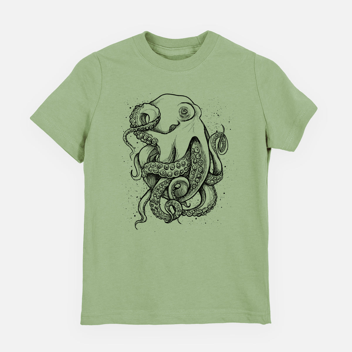 Sage green youth t-shirt laid flat, printed with a detailed black ink illustration of a common octopus with curling tentacles.
