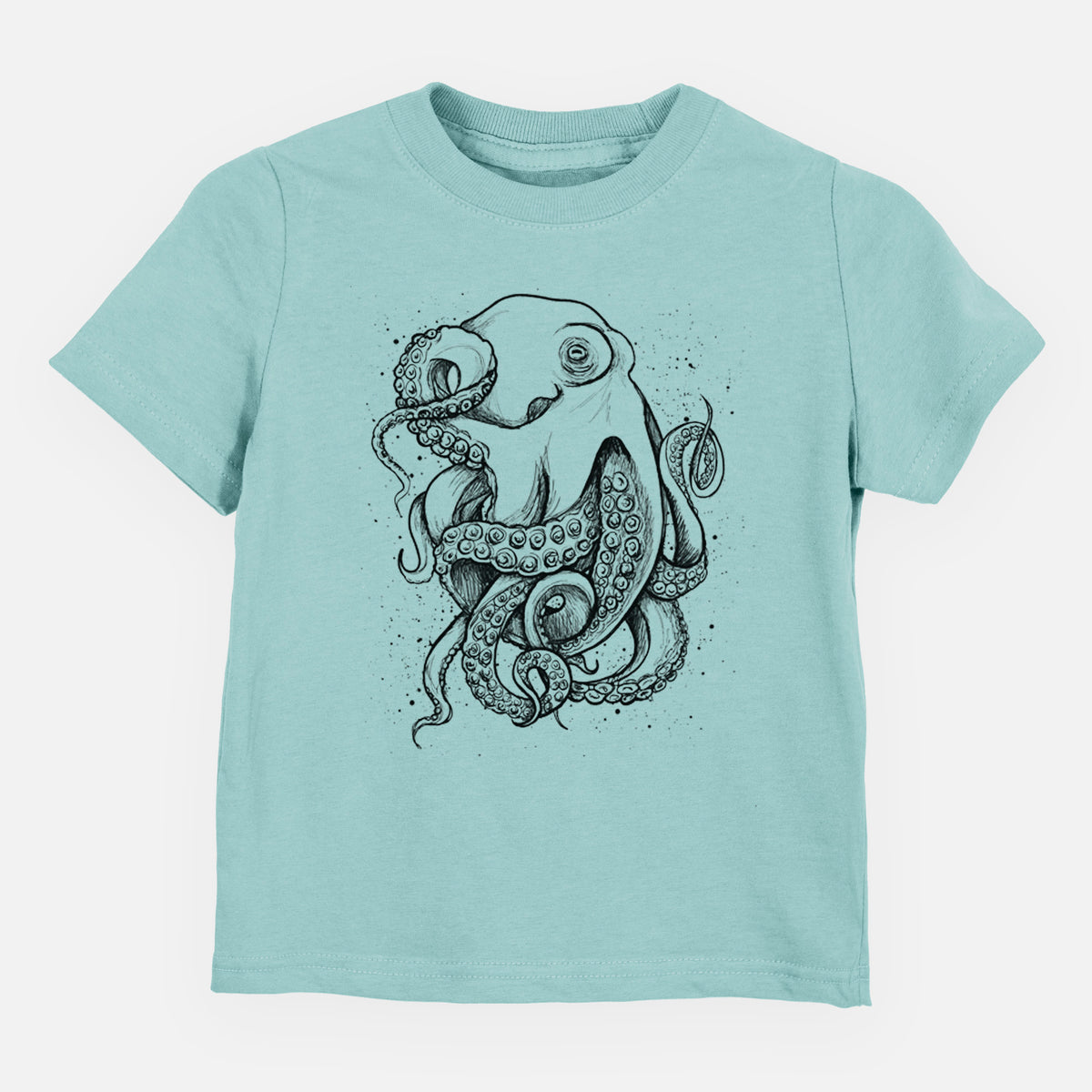 Saltwater toddler t-shirt laid flat, printed with a detailed black ink illustration of a common octopus with curling tentacles.