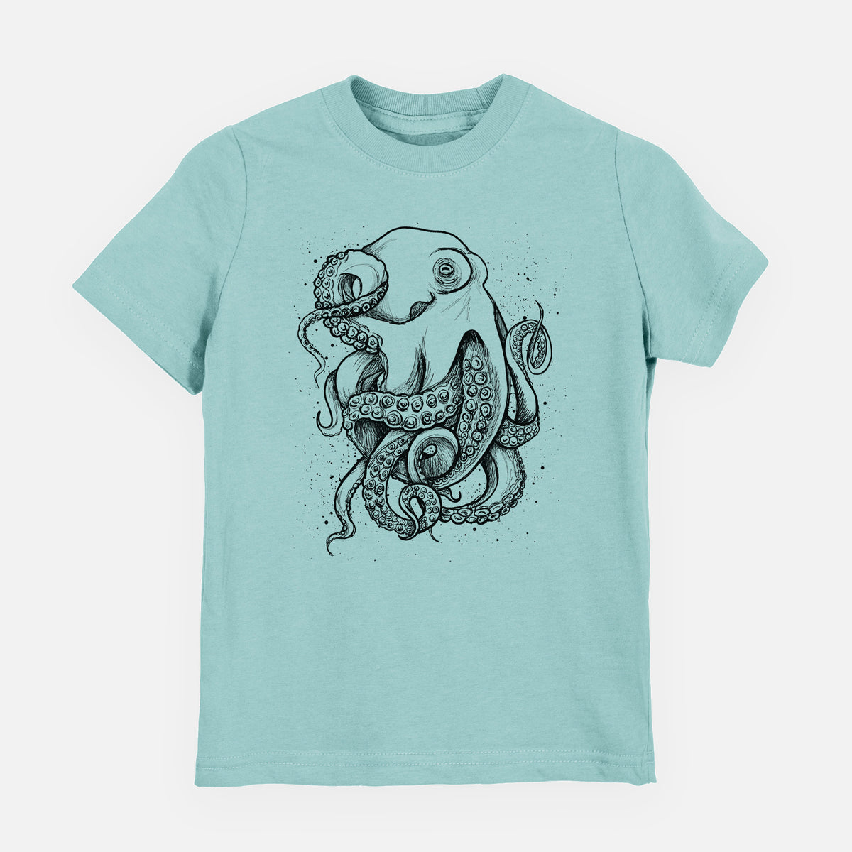 Saltwater youth t-shirt laid flat, printed with a detailed black ink illustration of a common octopus with curling tentacles.